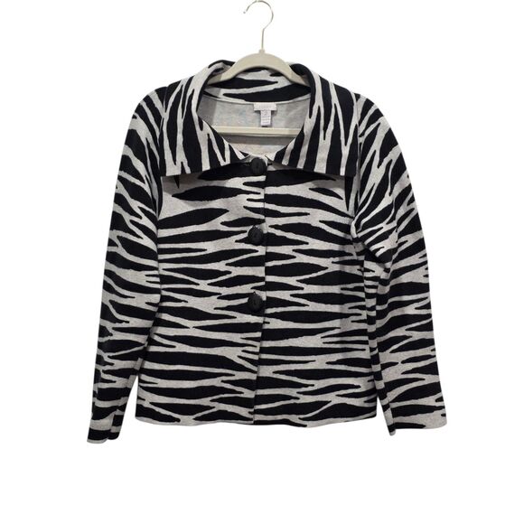 Chico’s Zebra Print 100% Cotton Button Front Collared Knit Cardigan, 2/L(12/14) - Picture 1 of 6